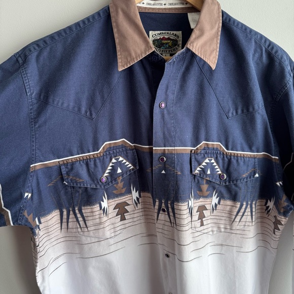 Vintage 90s Aztec Print Pearl Snap Shirt Mens L White Blue Western Ranch Rodeo - Picture 3 of 12